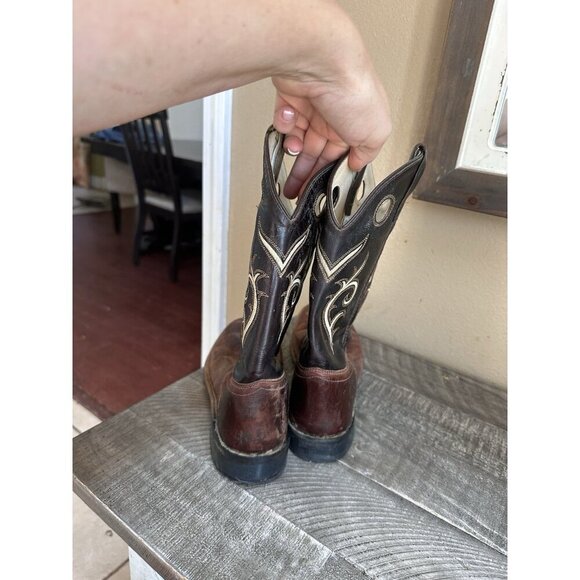 Old West Leather Cowboy Boots Child Youth Broad Square Toe Brown BSY1807 Sz 7 - Picture 4 of 5